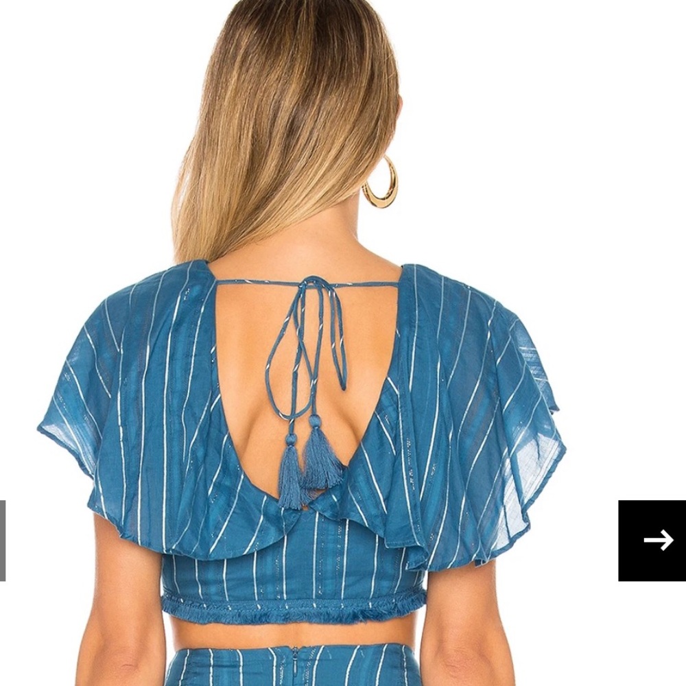 Revolve Tularosa Zoey top In Indigo crop top metallic silver striped tied boho L - Picture 6 of 9